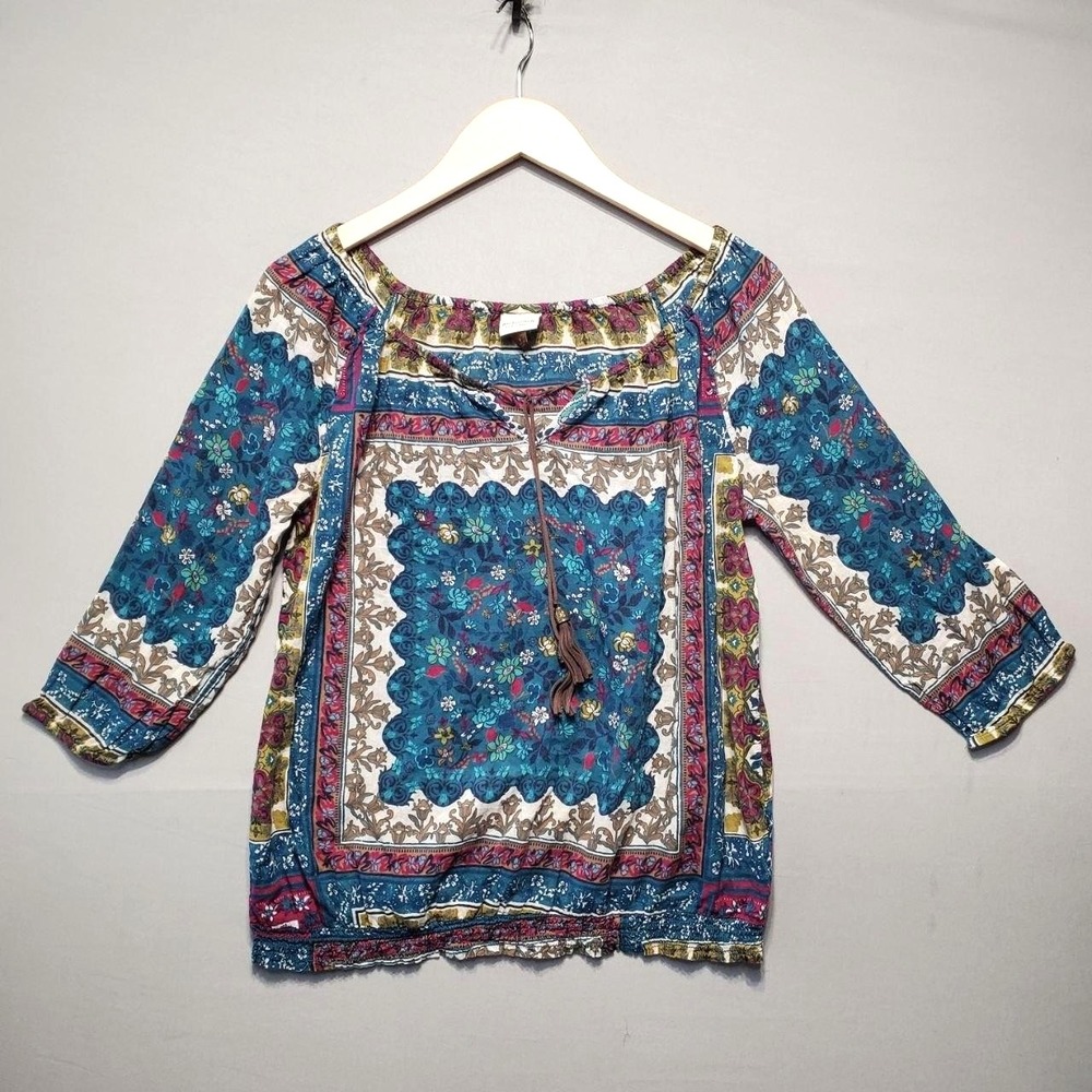 Sonoma Boho Floral Peasant Top Womens S Blue Floral Tassel Indie Festival Earthy